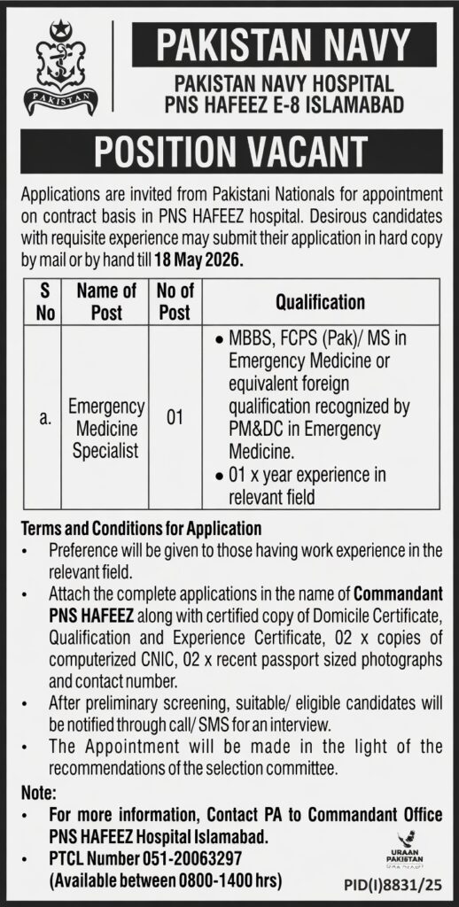 Pakistan Navy Hospital PNS HAFEEZ Jobs 2026 Advertisement